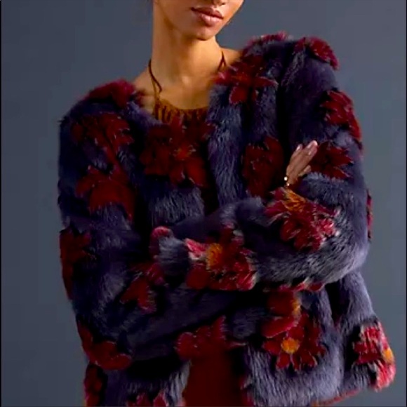 Unreal Fur Moon Flower Boho Gray 3D Red Lotus Print Faux Fur Coat - Picture 1 of 4